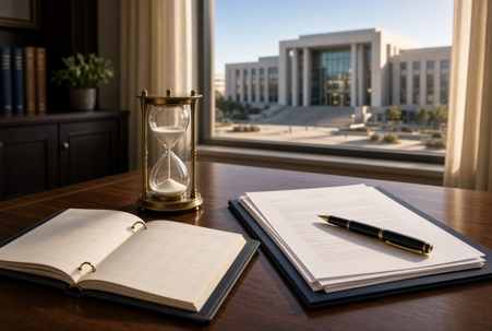hourglass with notebooks and pen